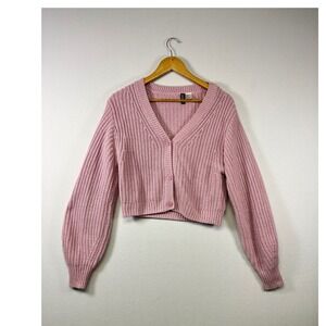H&M Divided Cropped Cardigan Sweater Women Medium Pink Chunky Rib Knit V-Neck